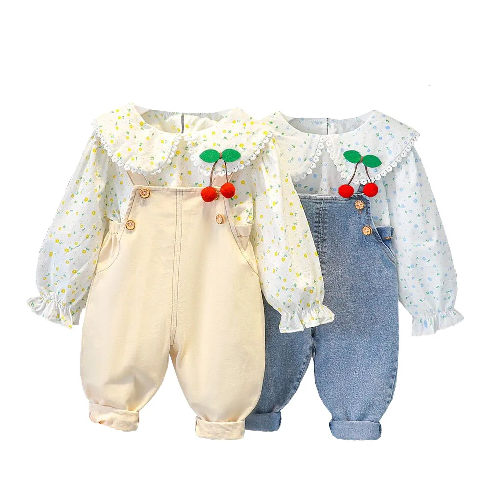 Осенне-весенние комплекты для маленьких девочек рубашка с длинным рукавом и оборками на подтяжках комплект из 2 предметов Распродажа