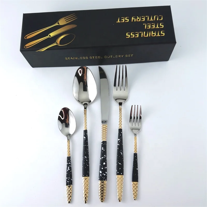 small MOQ black white handle MYD cutlery gold plated 30pcs spoon fork knife set non magnetic cutlery