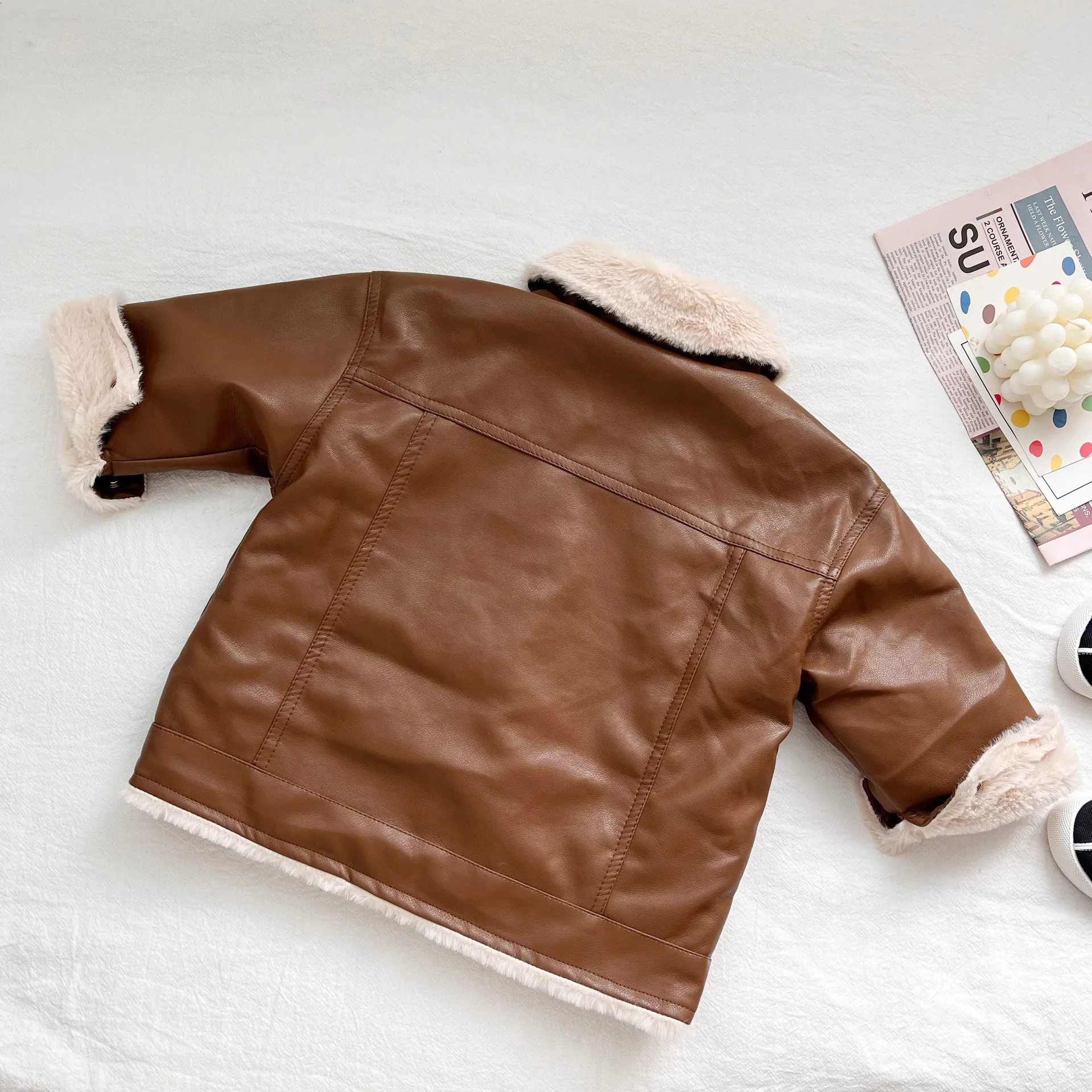 Baby Black&Brown Leather Winter Jackets Warm Faux Fur Thick 1-7 Years Boys Coats&Outwears