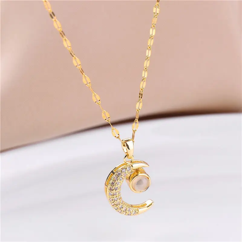 IVIAPRO Fashion Jewelry Gold Plated Romantic 100 Languages Projection I Love You Necklace Stainless Steel Moon Pendant Necklace
