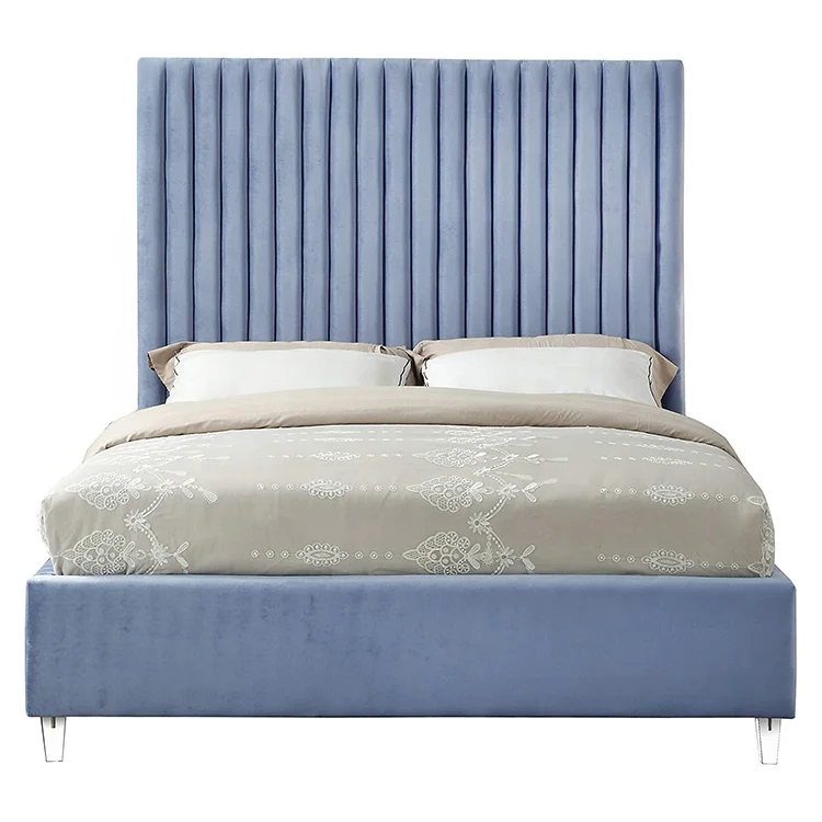 
Bedroom upholstered queen high headboard metal couple sex california king size slat platform crushed velvet bed 