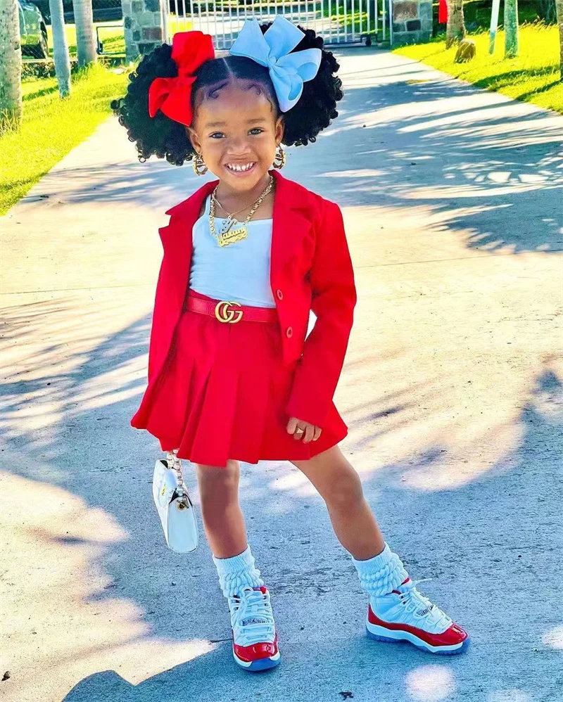 Ms-212 Children Boutique Clothing Kids Skirt And Top Set Lapel Jackets Top + Mini Pleated Skirt  Girls Two Piece Summer Out