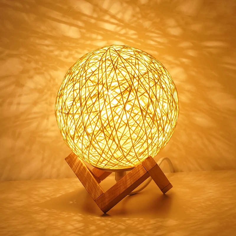 Rattan Ball 3D Print Moon Lamp 5.9inch Dimmable Led Globe Table Night Light With Wood Base Led Light For Kid