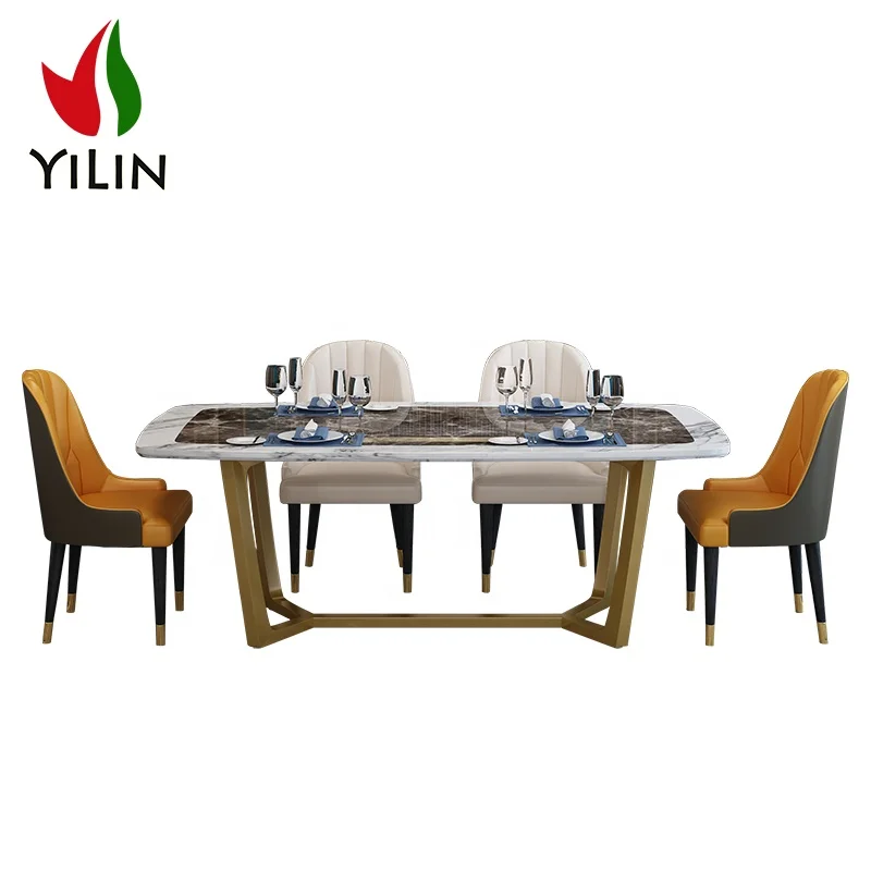 European Design Modern Stainless Steel Base Luxury Home Dining Room Rectangle Shape Marble Dinning Table