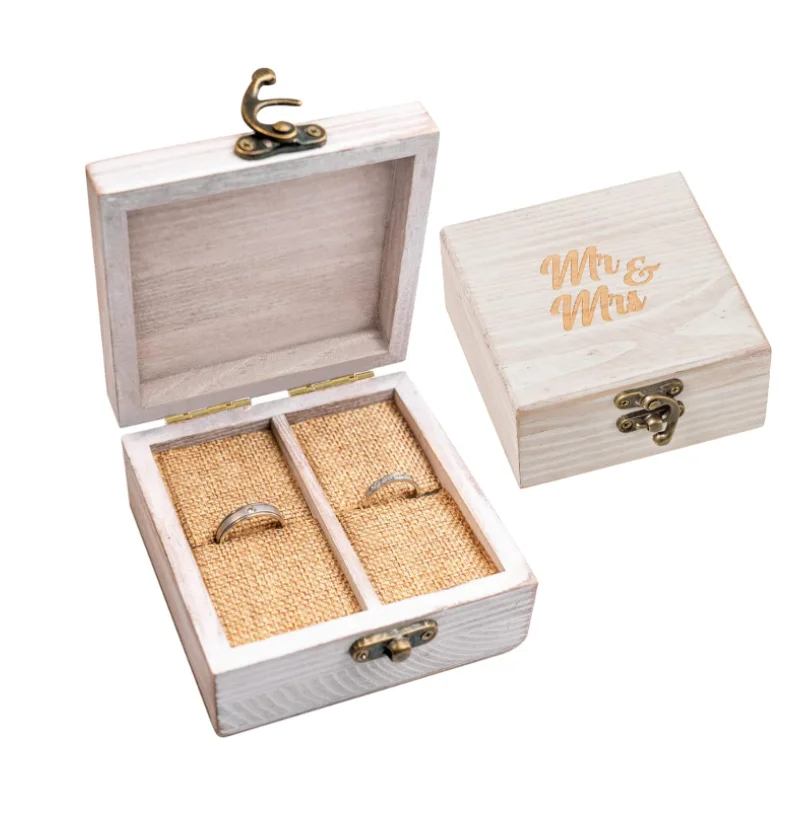 Engraved Mr. & Mrs. Lettering Wood Ring Bearer Box for Display or Personal Organizer