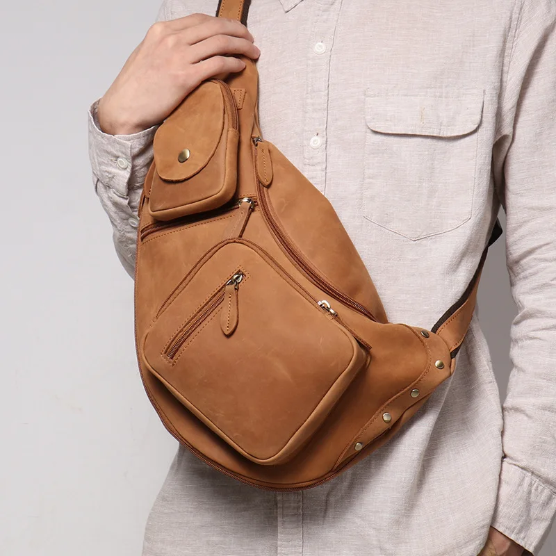 Vintage Genuine Leather Chest Bag Single Shoulder Crossbody bag Multiple pockets sling bag Del paquete for men and women