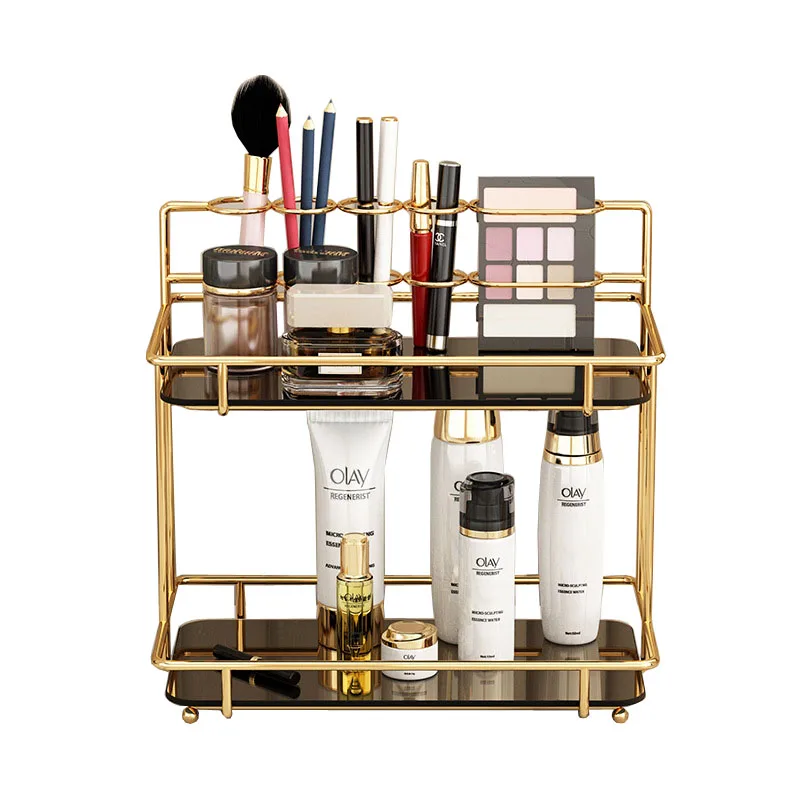 Экологичная Золотая стойка для хранения из углеродистой стали и закаленного стекла, 2 слоя