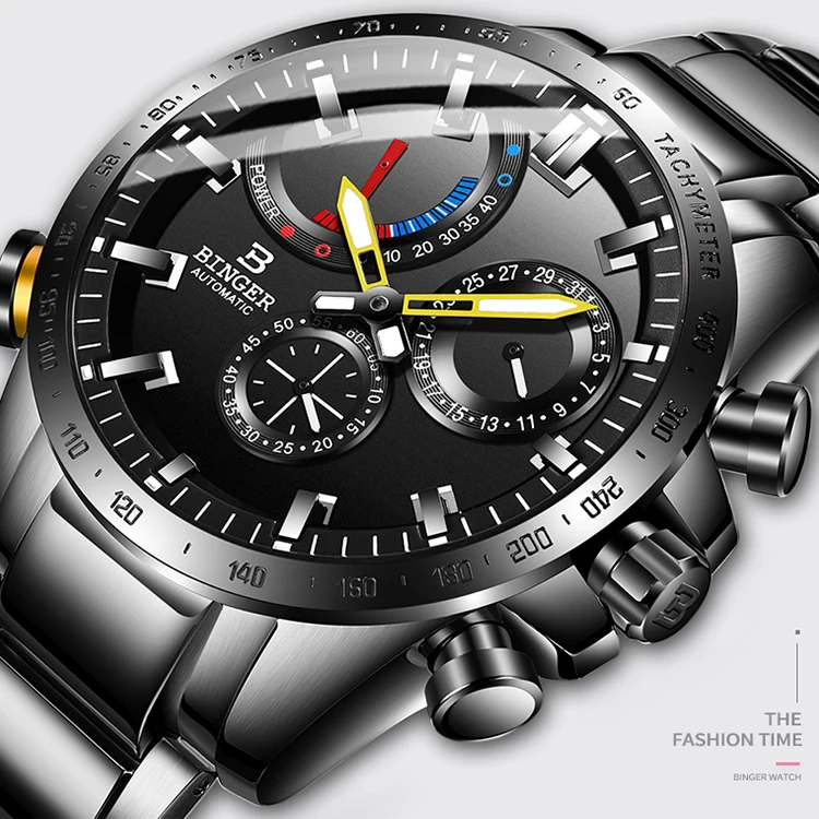 
BINGER Brand Men automatic mechanical Luminous waterproof running full steel Genuine Luxury Wristwatch 