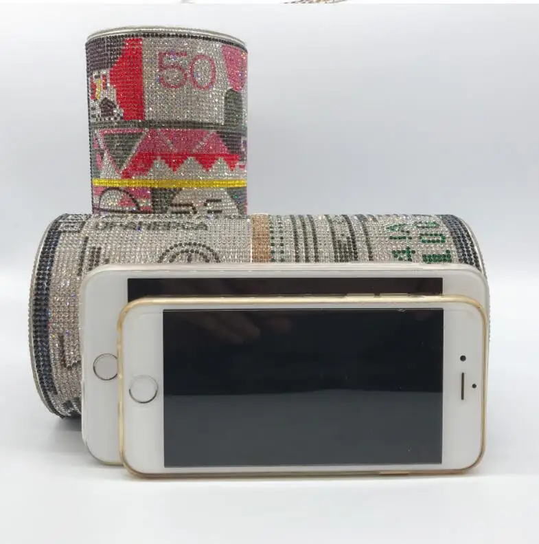 New Design Woman Luxury Roll Diamond Money Purse Bag Clutch 100 Dollar Handbag Ladies Evening Rhinestone Party Purse