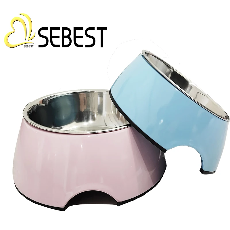 SEBEST Melamine Factory 2021 new developed pink and blue melamine dog bowl with stainless steel inner Pet water pet