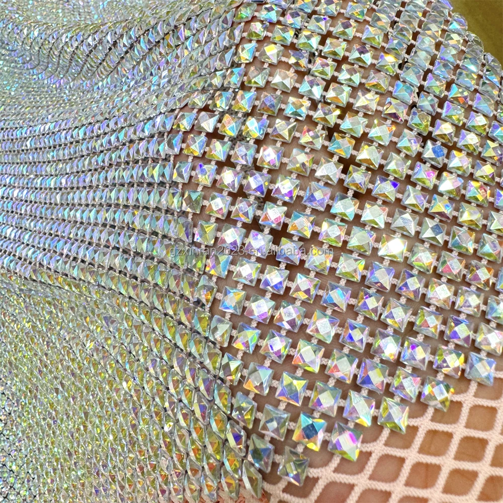 SH008 оптовая продажа мягкая красочная квадратная стрейчевая ткань со стразами сетка сетчатая для платья