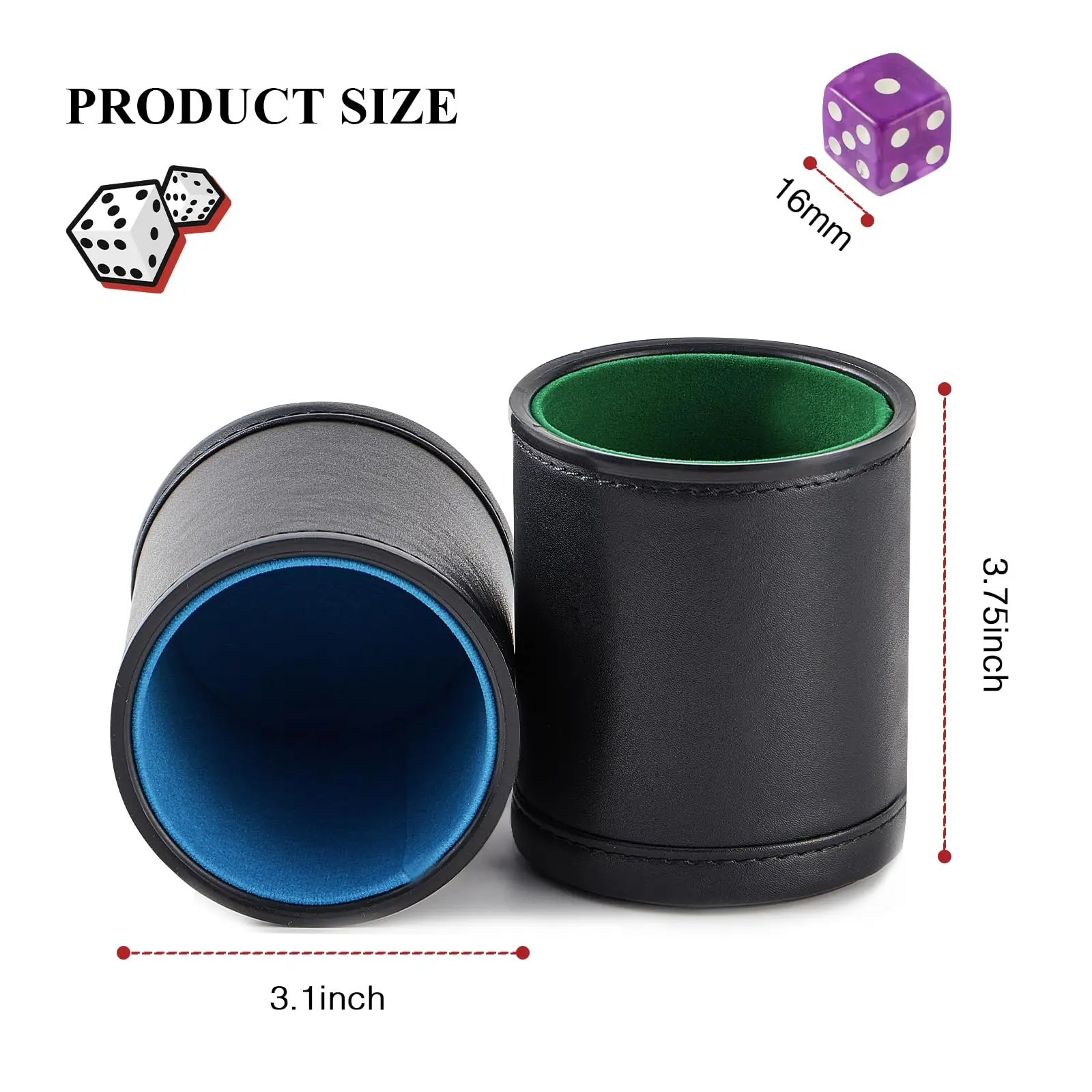 Custom Logo Leather Dice Cups with Colorful Velvet Felt-Lined Interior and Matching Colorful Transparent Dices