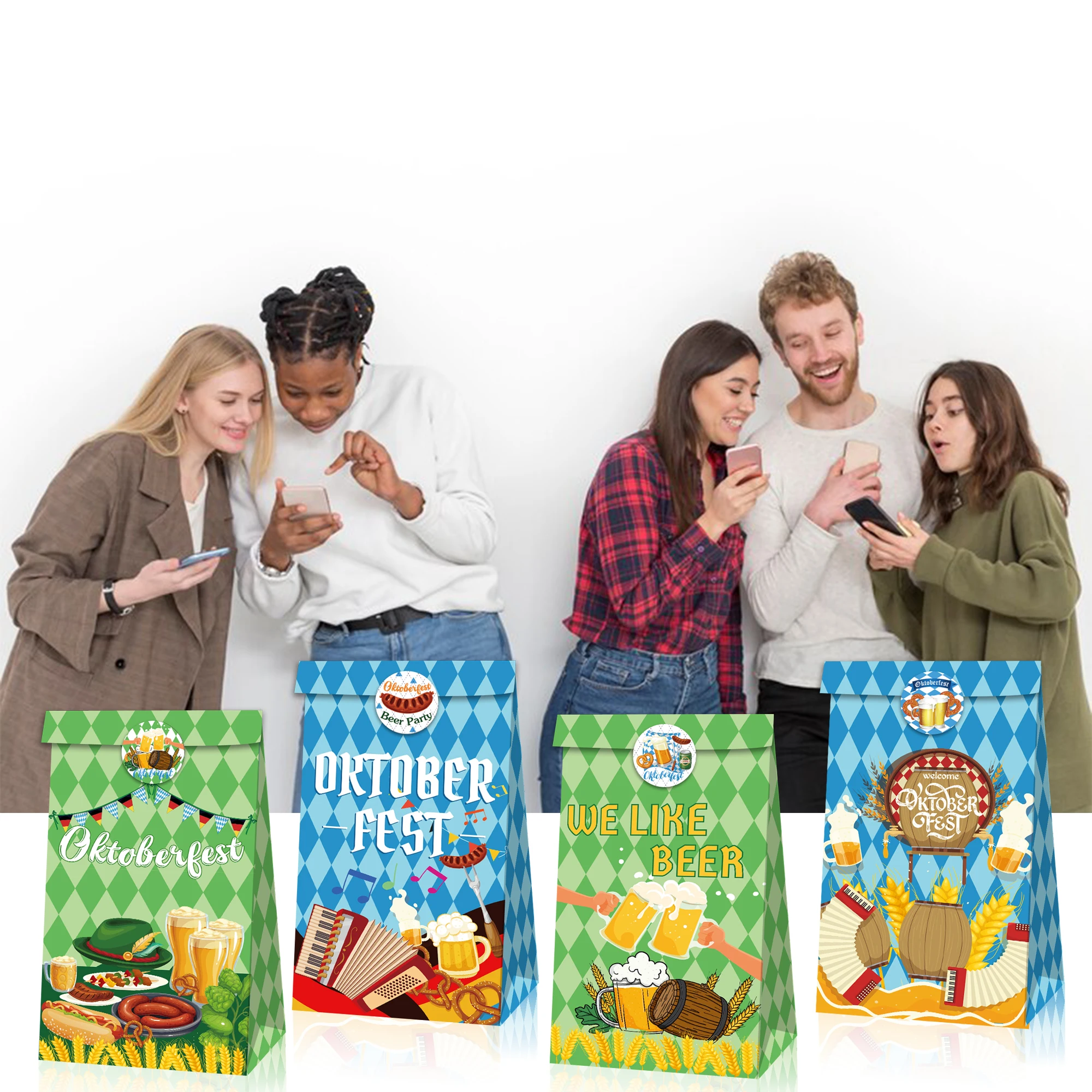 Huancai Oktoberfest Party Favors Bag 12PCS Paper Bags with Stickers Gift Candy Treat Bag for German Beer Festival Party Supplies