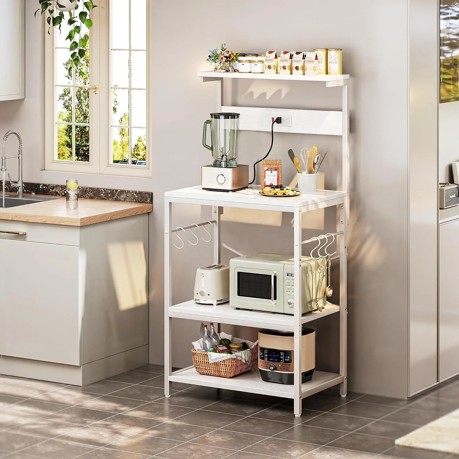 Easily assemble Kitchen Bakers Rack , Coffee Bar Table 4 Tiers, Kitchen Microwave Stand with 6 S-Shaped Hooks  and  Power Outlet