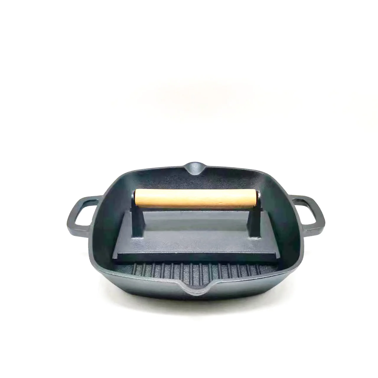 Preseasoned Cast Iron Skillet Fry Pan Square Griddle with Ribs Nonstick with bacon press