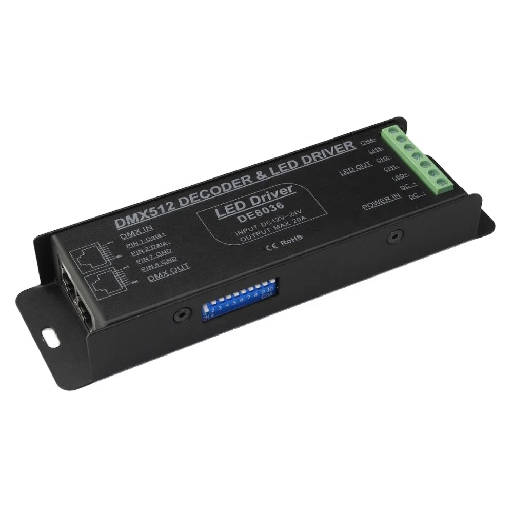 RGBW DMX Decoder 4 Channel DMX 512 LED Driver for led Strips DE8036 RJ45 DMX Driver CV 12V 24V OEM Available