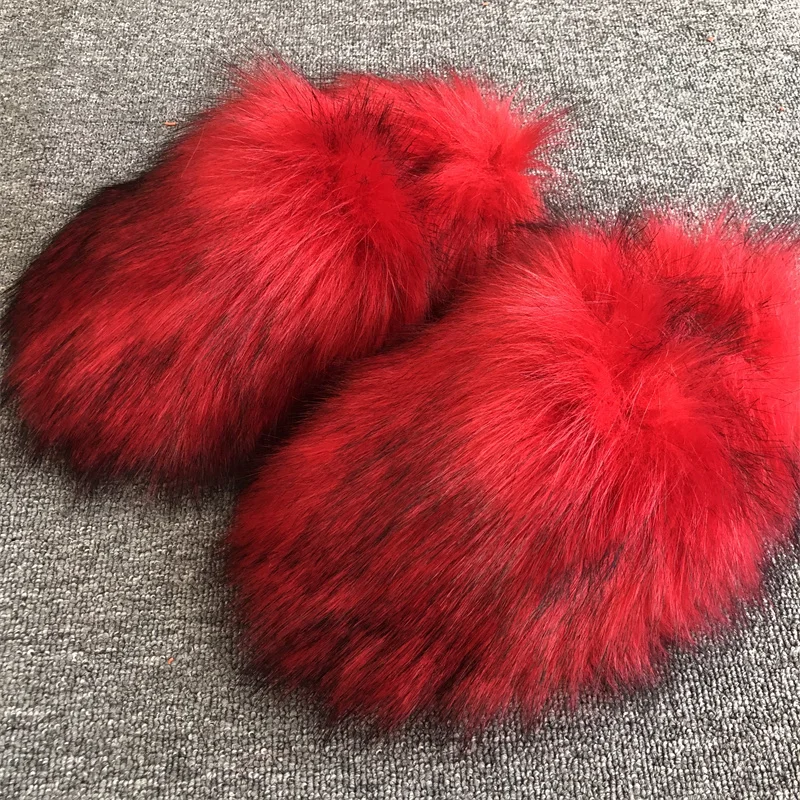 Hot Sale Custom Logo Fluffy Faux Fox Raccoon Fur Slipper Furry Fur Slides For Women