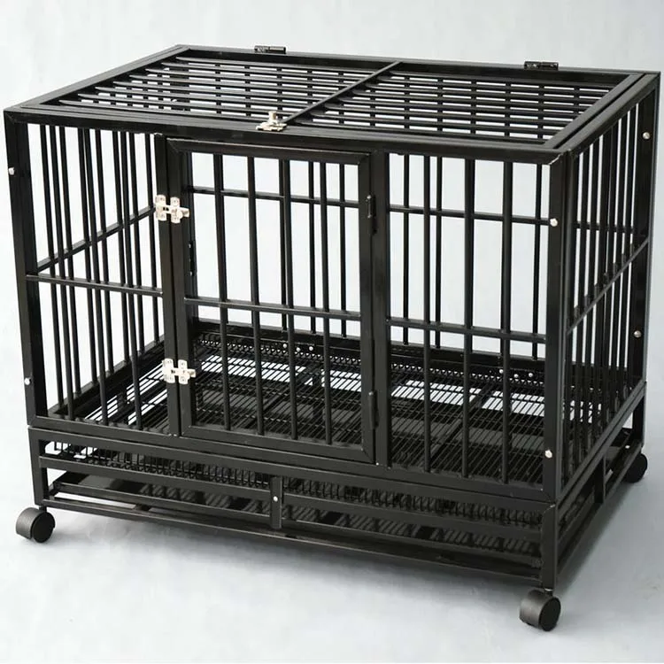 Large Animal Cage Reinforced Steel Welded Kennel Dog Crate With Plastic Tray Chien House Wheels Foldable Pet Carrier Metal Cages