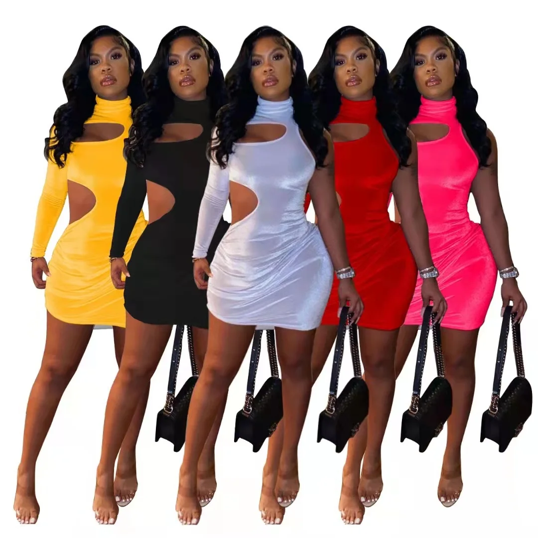 Pure color high neck sexy casual one-sleeve dress, one-piece dress for ladies nightclub