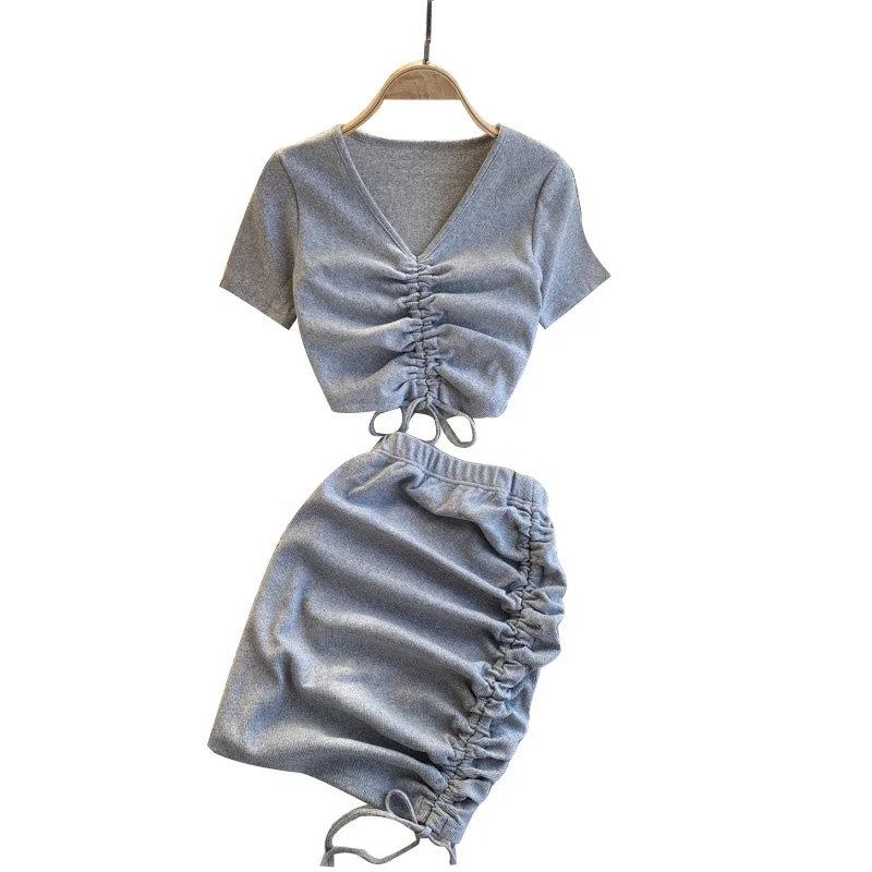 Fashionable girls clothing sets teen girls sets solid color short sleeve skirts children clothes ouftis