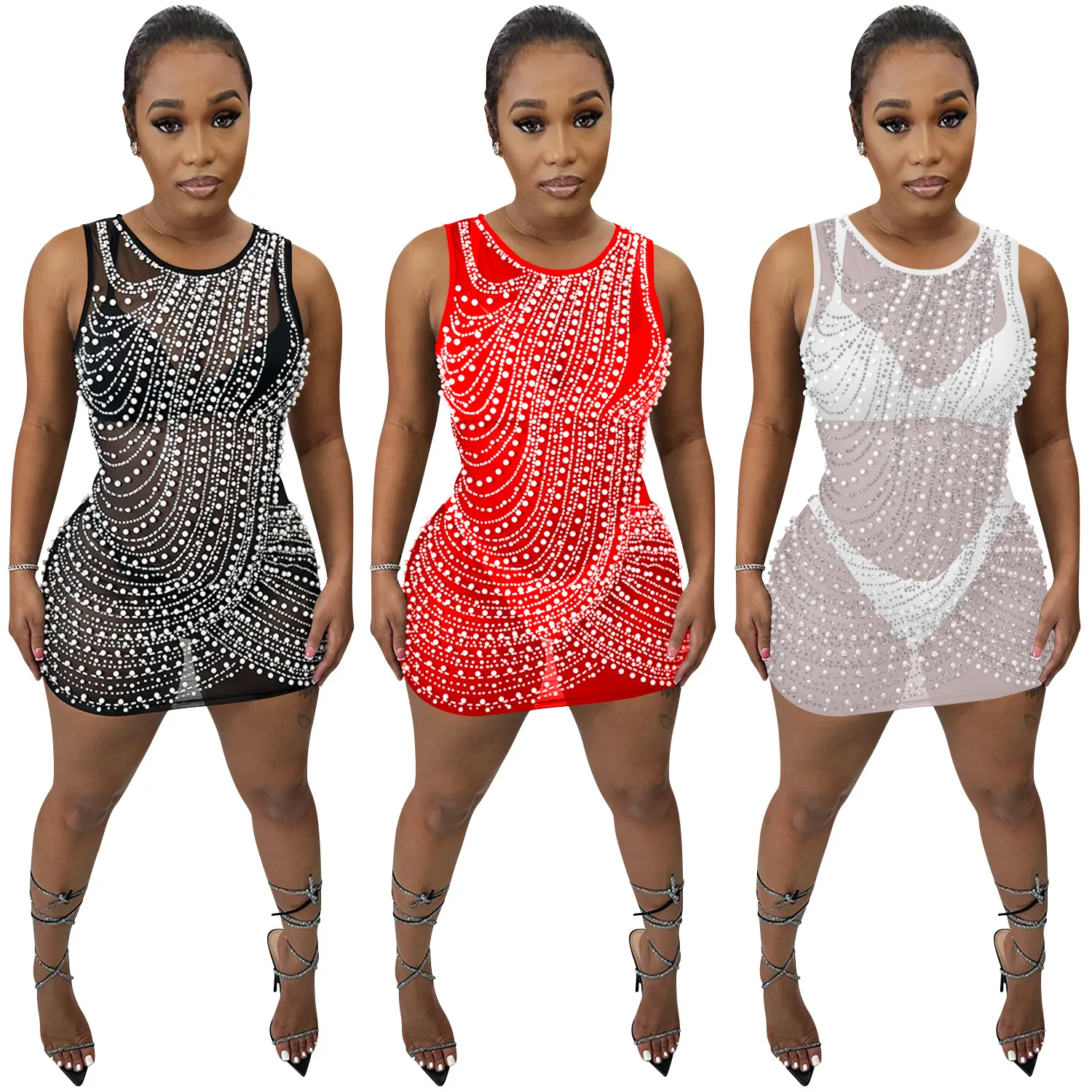 X54017 wholesale fashion sexy sleeveless rhinestones mesh ladies club dress