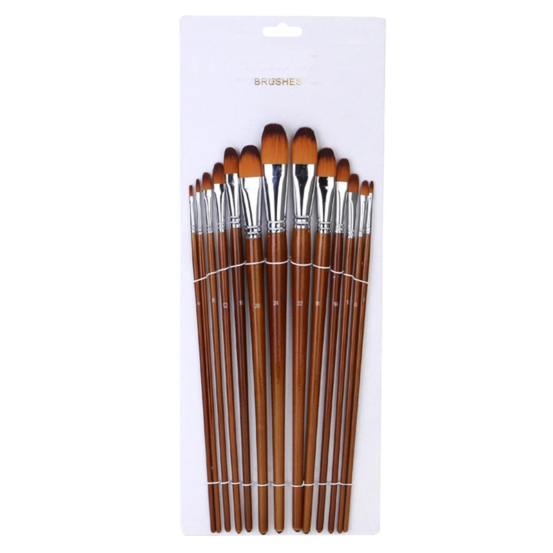 13 Pcs Nylon Hair Wood Long Handle Detail Paint Brush Paint Artist Round Filbert Flat Painting Brushes Set for Watercolor