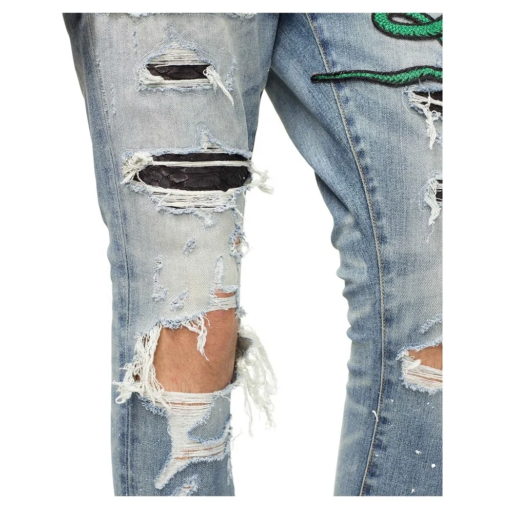 Factory customized 3D Distressed Stacks embroidered Snake Whiskers Denim Jeans For Men