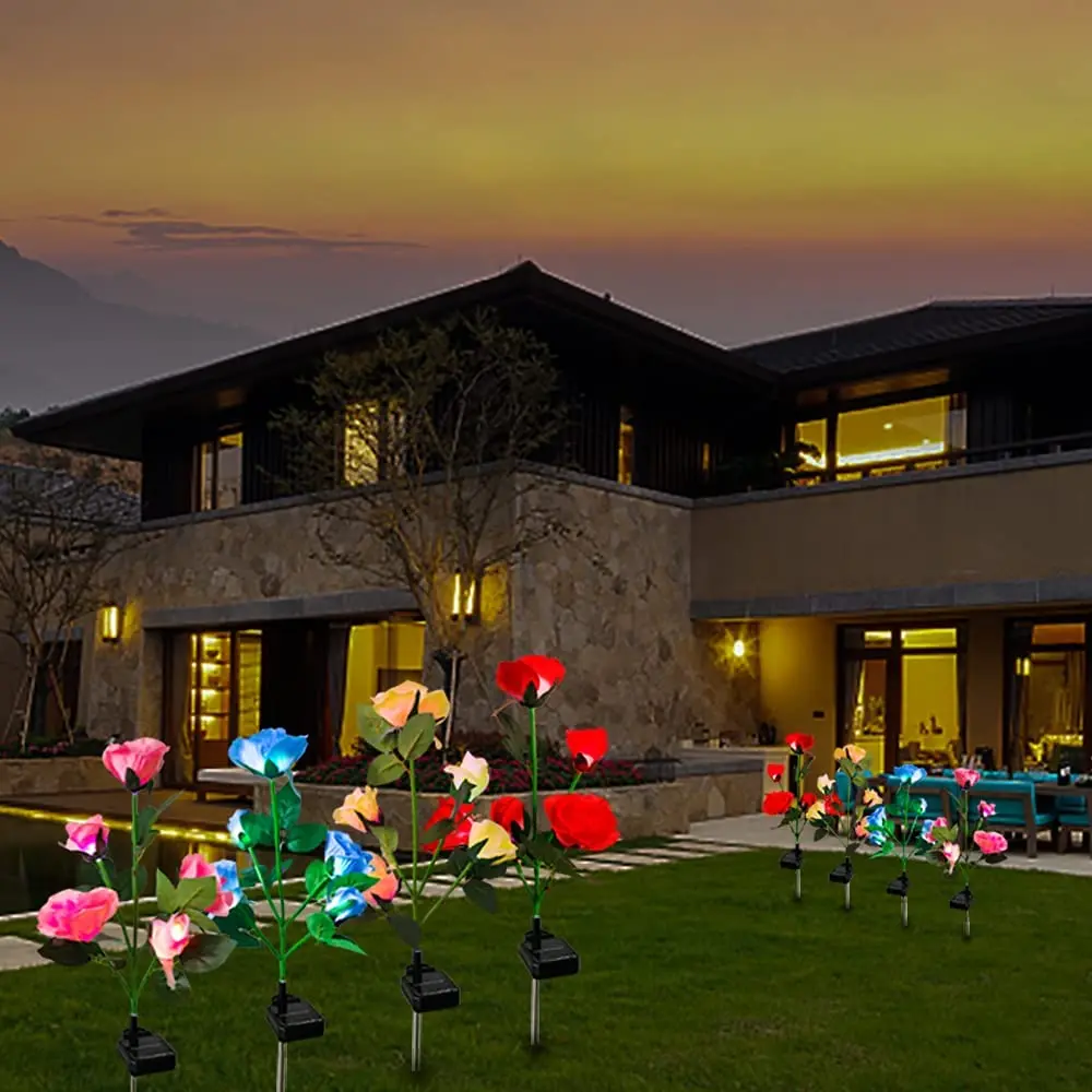 White Solar Powered Garden Flowers LED Realistic Rose Flowers Stake Lawn Lights Waterproof Outdoor for Patio Pathway Courtyard