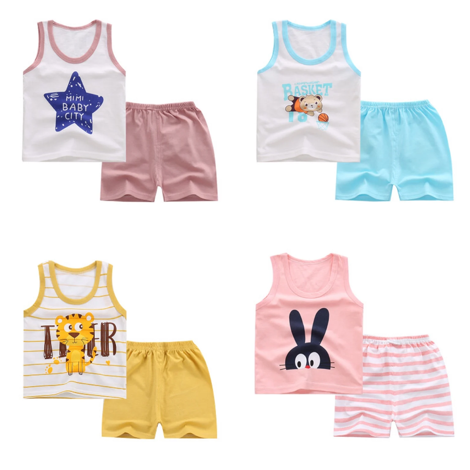 
Amazon new 2020 sleeveless summer 100% cotton baby girls clothing suit Cartoon kids wear little boys clothes set 