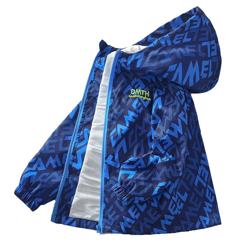 2024 Fashion Boys Blue Hooded Windbreaker Jacket Kids Lightweight Windproof Outdoor Sports Coat Jacket