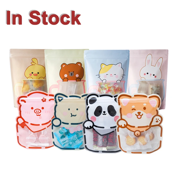 In stock and custom cartoon pattern creative cute plastic reusable ziplock food packaging stand up pouch with frosted window