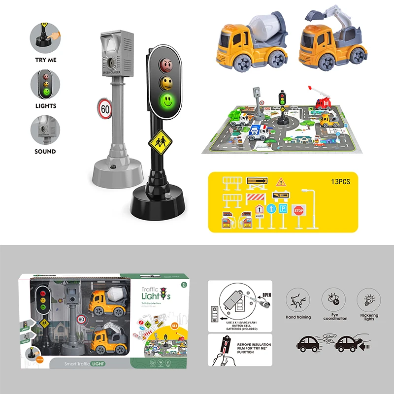 Kids Interactive Learning Push and Go Car Toys Traffic Sign Toy Police Car Set with Play Mat