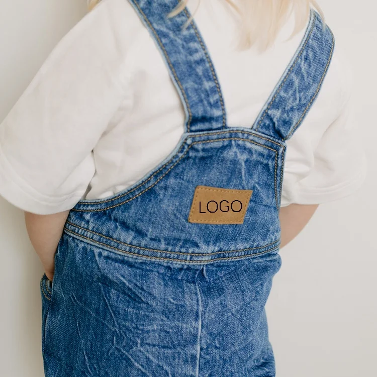 Hot selling summer short denim overalls for children vintage design mid blue denim kids overalls