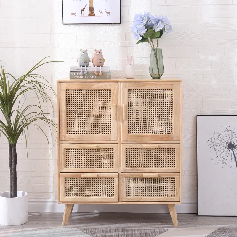 Bedroom Furniture Wooden 2 Door 4 Drawers Chest Living Room Rattan Wood Sideboard Storage Cabinet