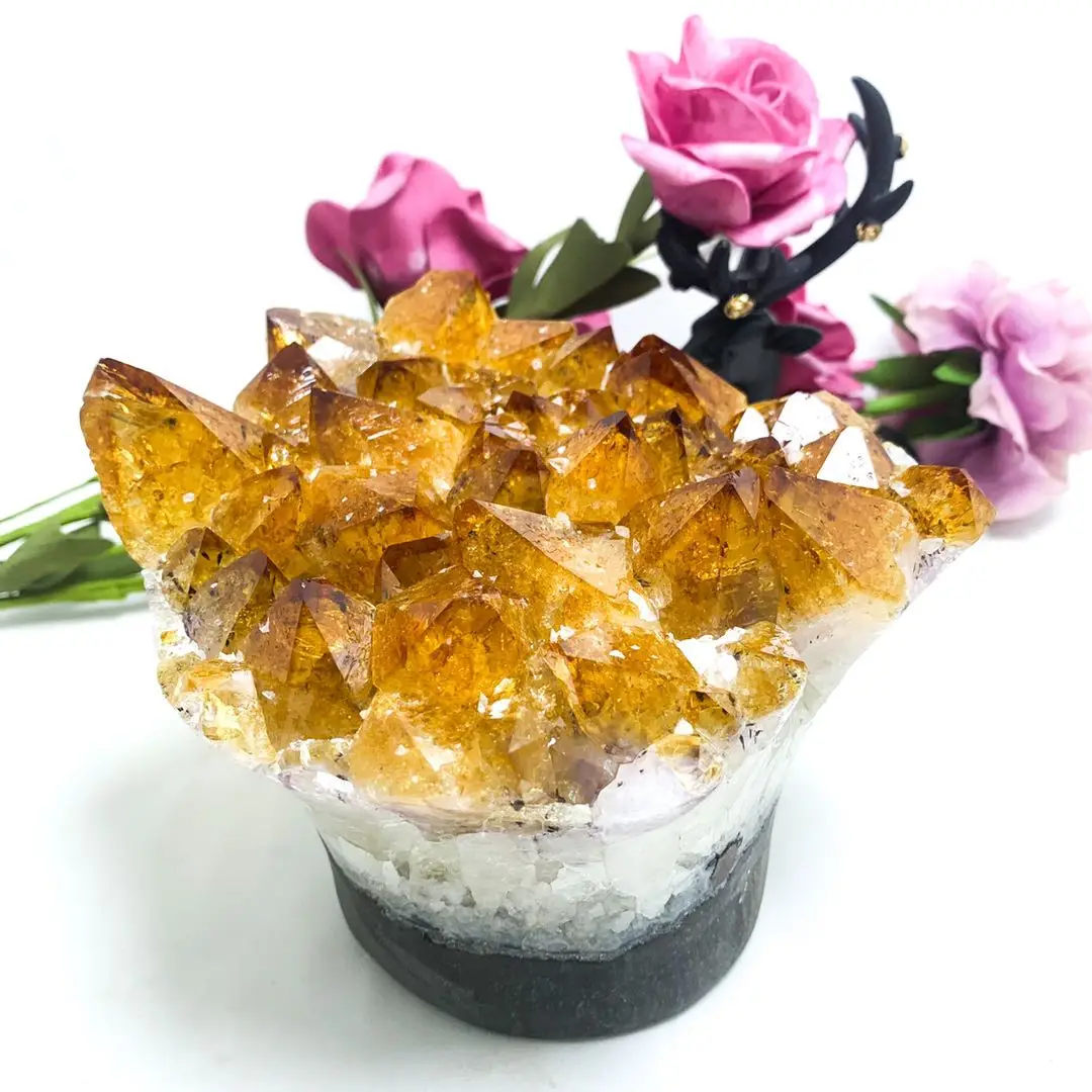 
Wholesale natural citrine and amethyst carving flower crystal healing stones decorations 