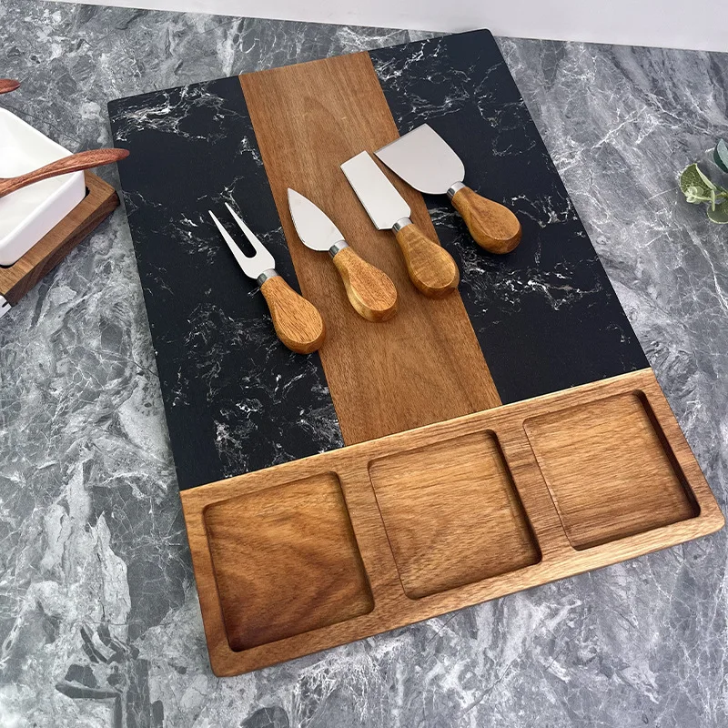 New Design Marble and Acacia Wood Charcuterie Board Cheese Board With 3 Ceramic Bowls Bamboo Cheese Board And Knife Set