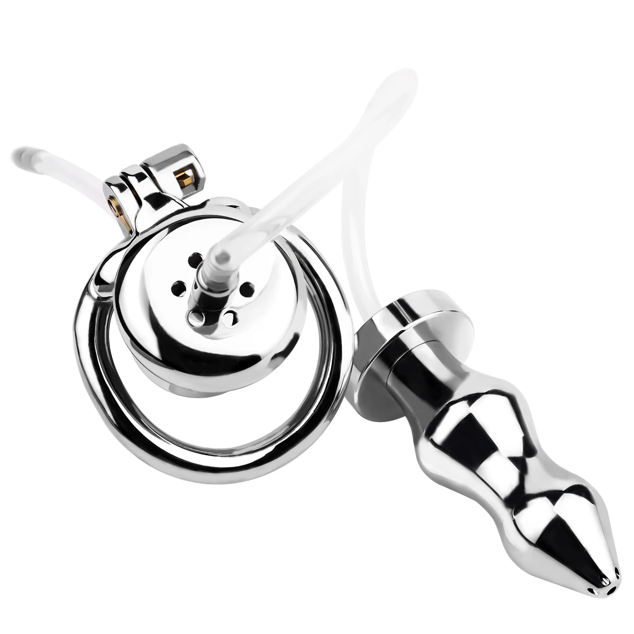 FRRK metal chastity cage with catheter tube and metal anal plug penis lock chastity lock and anal sex stimulate penis cage