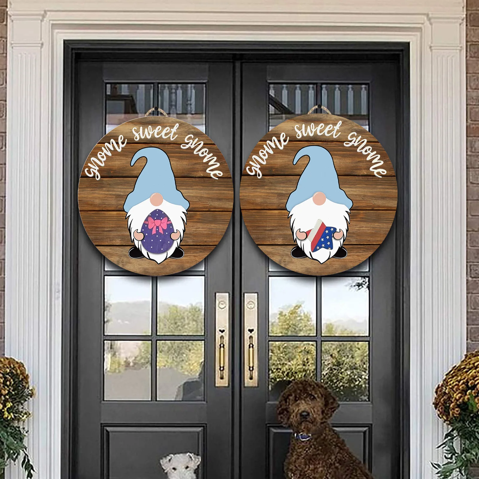 Interchangeable Welcome Home Round Wood Hanging Front Door Sign Home Sweet Gnome Sign For Farmhouse Rustic Wooden Door Hangers