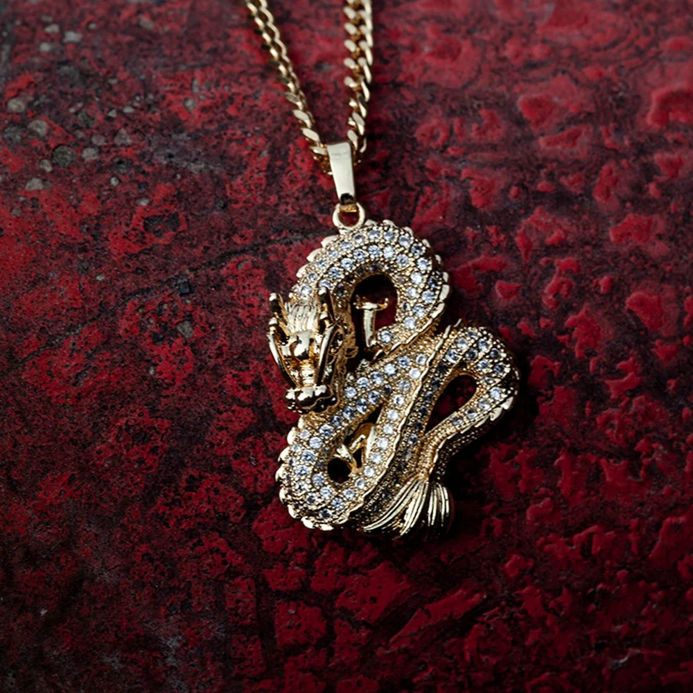 Mister Jewelry Hip Hop Round Stone Carved Chinese Dragon Gold Dragon Pendants Charm Necklace