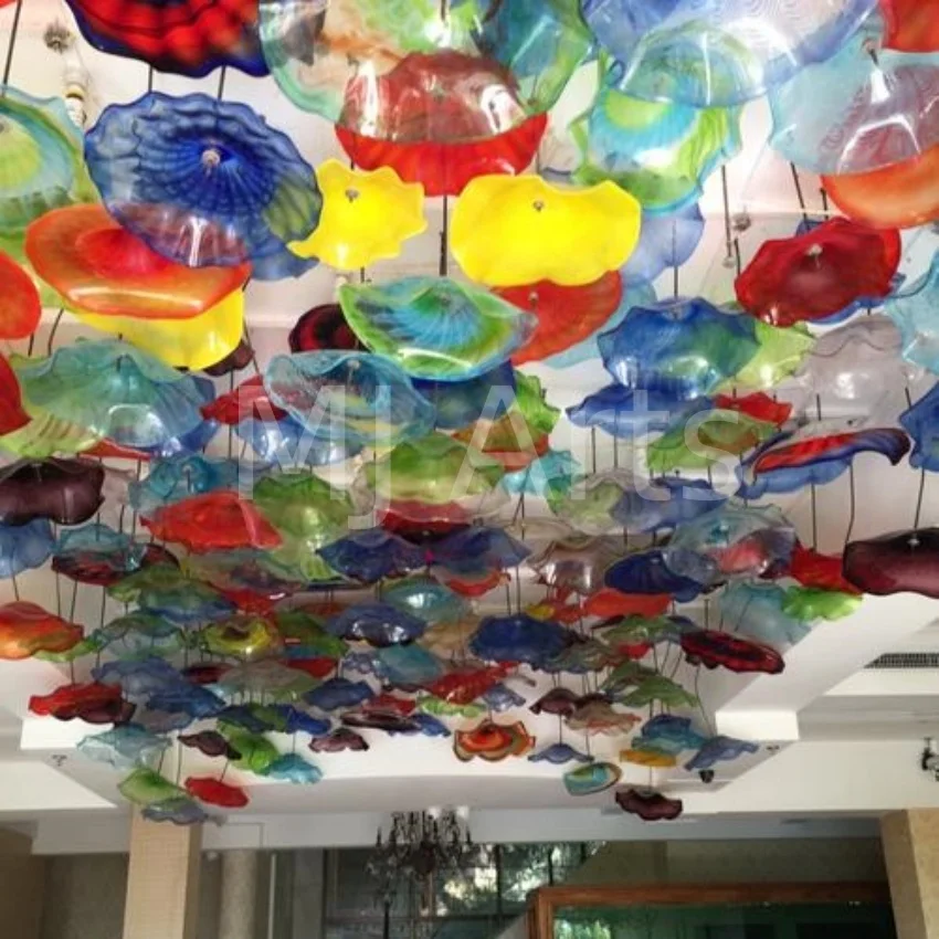 Restaurant hotel ceiling decor Round blue colored glass art pendant ceiling decorative suspension art lamp lighting chandelier