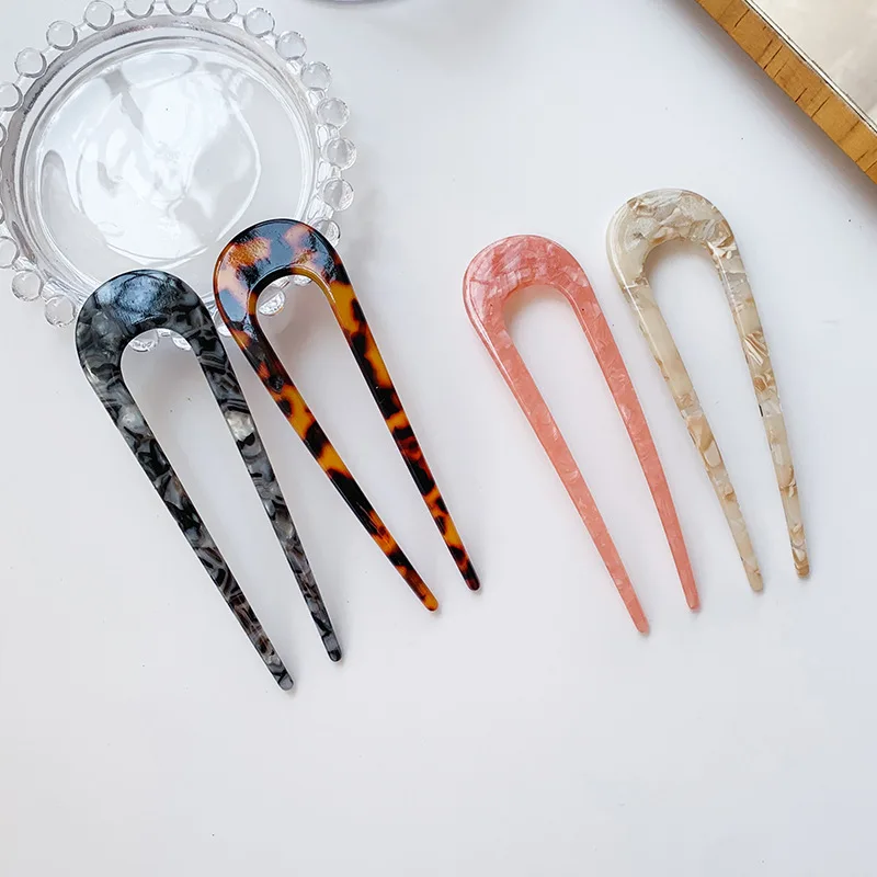 Cellulose Acetate Tortoise Shell U Shaped Designer French Hairpins Vintage Leopard Tortoiseshell Acetate Hair Stick Fork