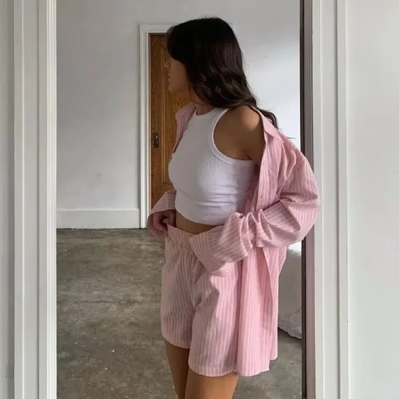 High Quality 100% Cotton Loungewear Women Sets Lounge wear Sets Yarn Dyed Stripped cotton  Loungewear Set