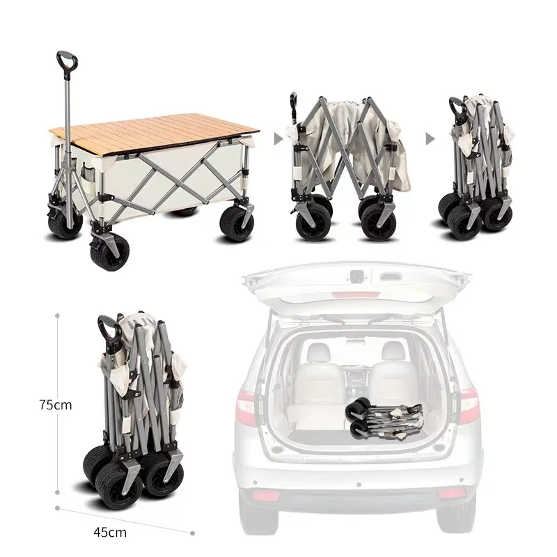 Outdoor off-road camping trailer with table board Large capacity camp car picnic trolley wagon fold cart