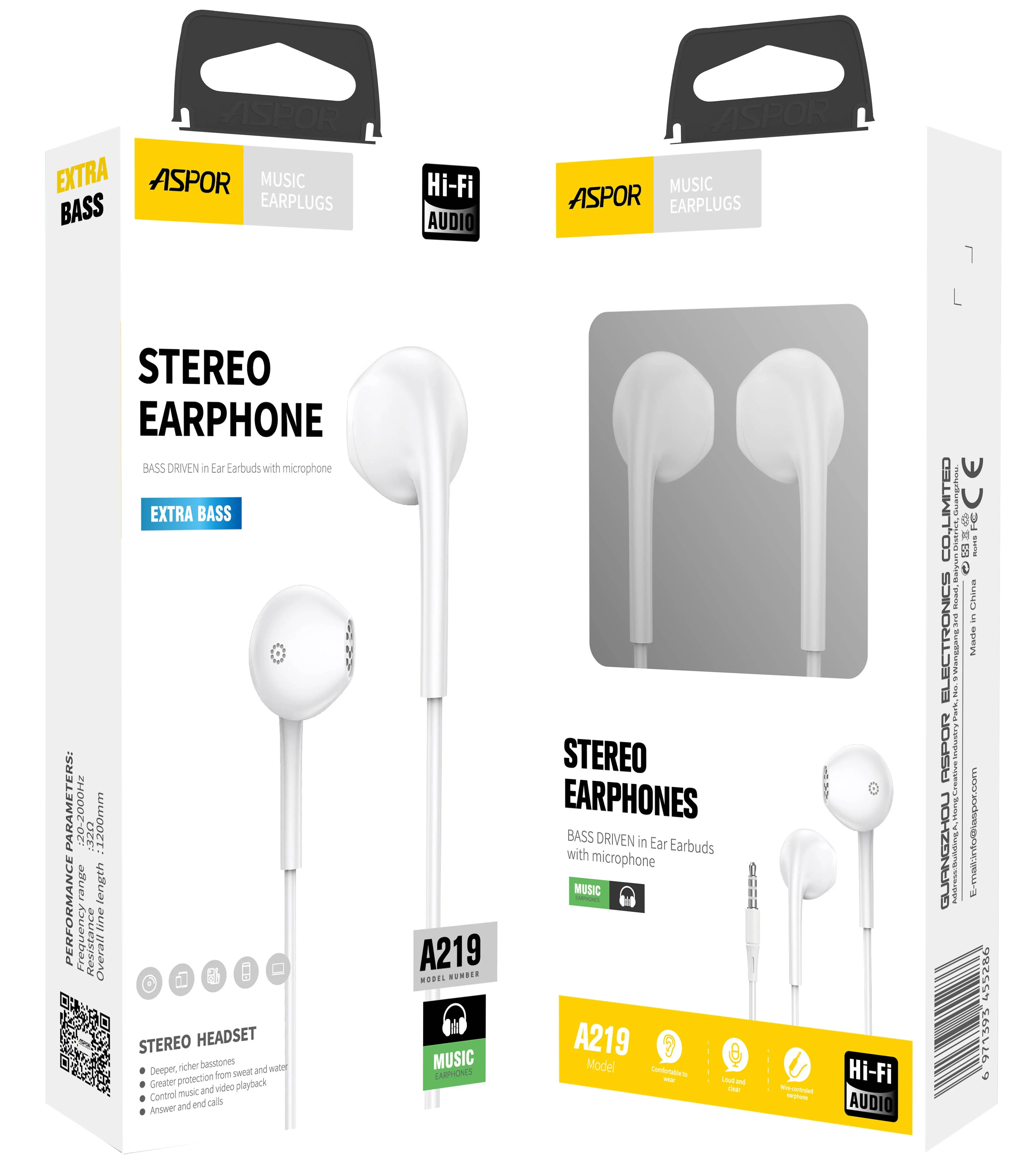 ASPOR A219 Wholesale Cheap 3.5mm Wired Earphone Headphone With Box In Ear Handsfree Earphones