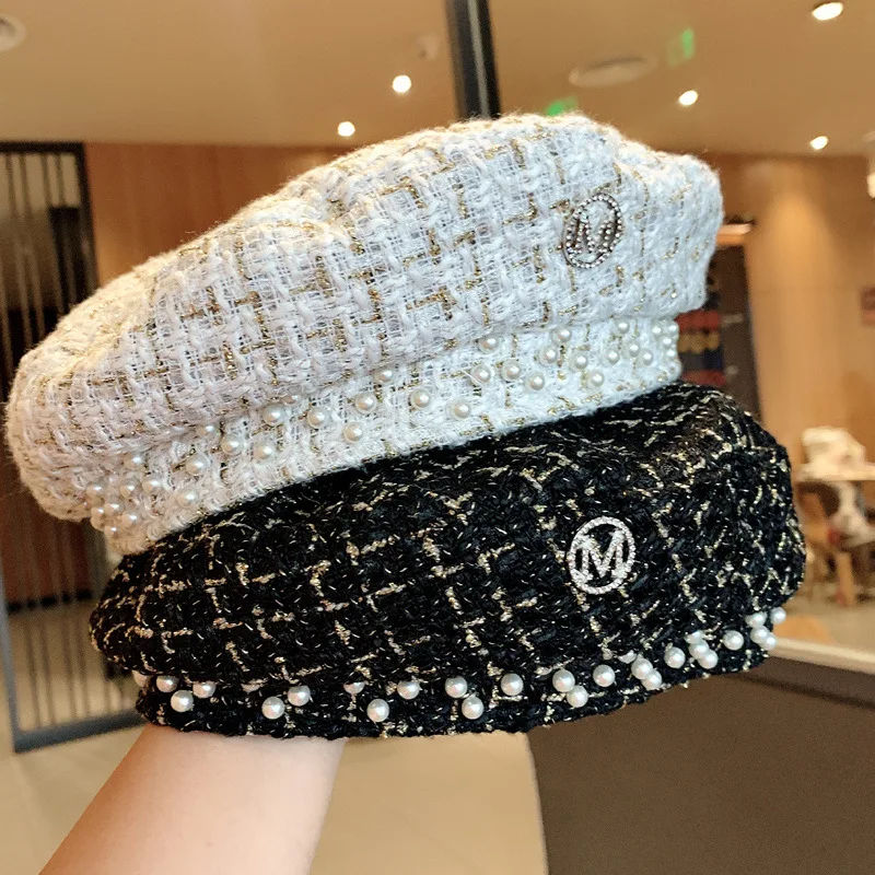 Новый женский черный берет с изображением гусиной лапки металлическим логотипом Модный жемчужный