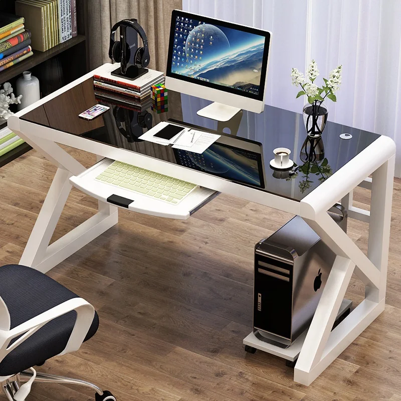 39 inch black home office laptop computer gaming pc desk tempered glass top table with metal frame K shape legs