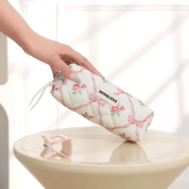 Cute Pink Quilted Travel Storage Bag Women Portable Wash Clutch Purse Handbags Zipper Cosmetics Make Case Quilting Mommy Bag