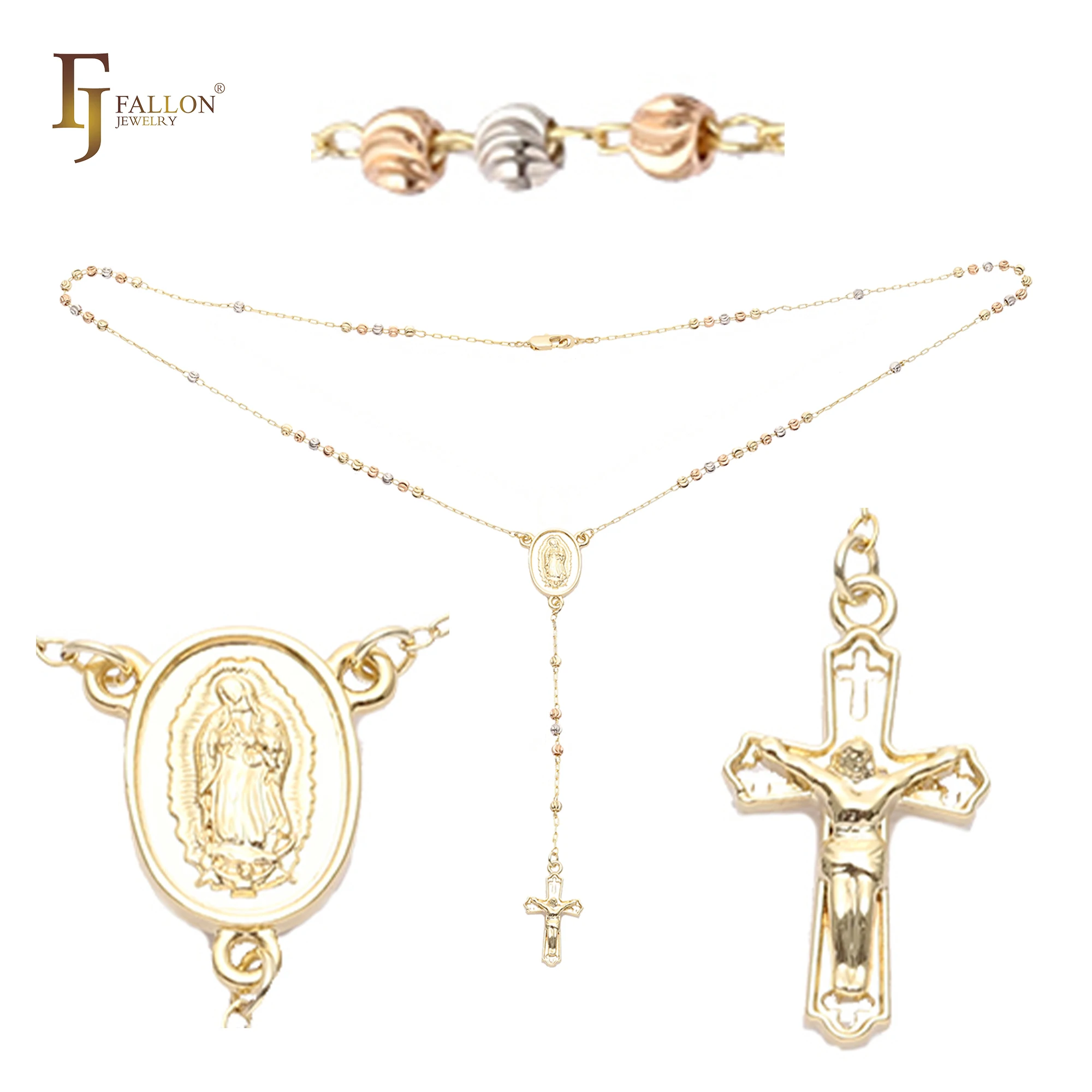 Z54190316 FJ Fallon Fashion Jewelry Italian Virgin of Guadalupe Catholic Rosary Necklace Plated In 14K Gold two tone Sample OK