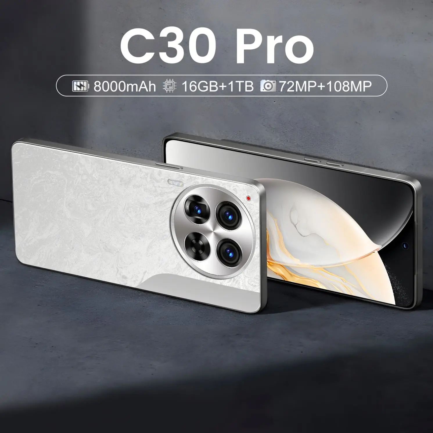 2024 New C30 Pro Smartphone 6.54' 2K Android 3500mAh Global Gaming Phone with Dual SIM 256GB ROM LTE/CDMA Mobile Phone
