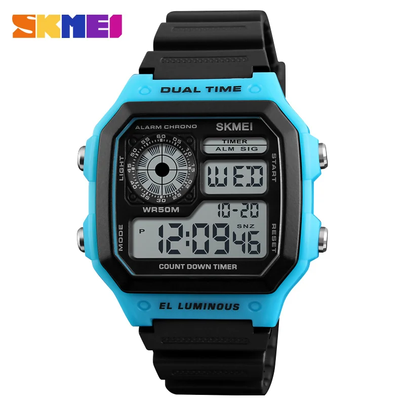 1299 skmei hot sale 50M Waterproof  Plastic Wrist Watch Retro Square  Multifunction Clock digital watches men